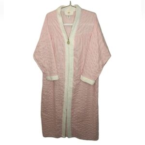 Stan Herman Seersucker Robe Large Pink Pinstriped Fill Zip Dressing Gown Vtg 90s